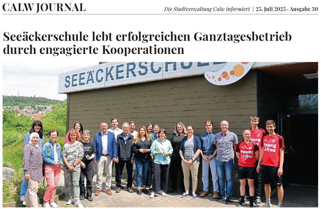 Teil 1 des Presseartikels mit dem Titel "Seeäckerschule lebt erfolgreichen Ganztagesbetrieb durch engagierte Kooperationen" und ein Bild der Kooperationspartner