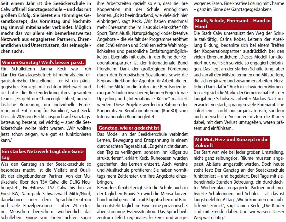 Teil 2 des Presseartikels: Bericht, wieso die Seeäckerschule Ganztagesbetrieb wollte und wie dies bisher klappt.  