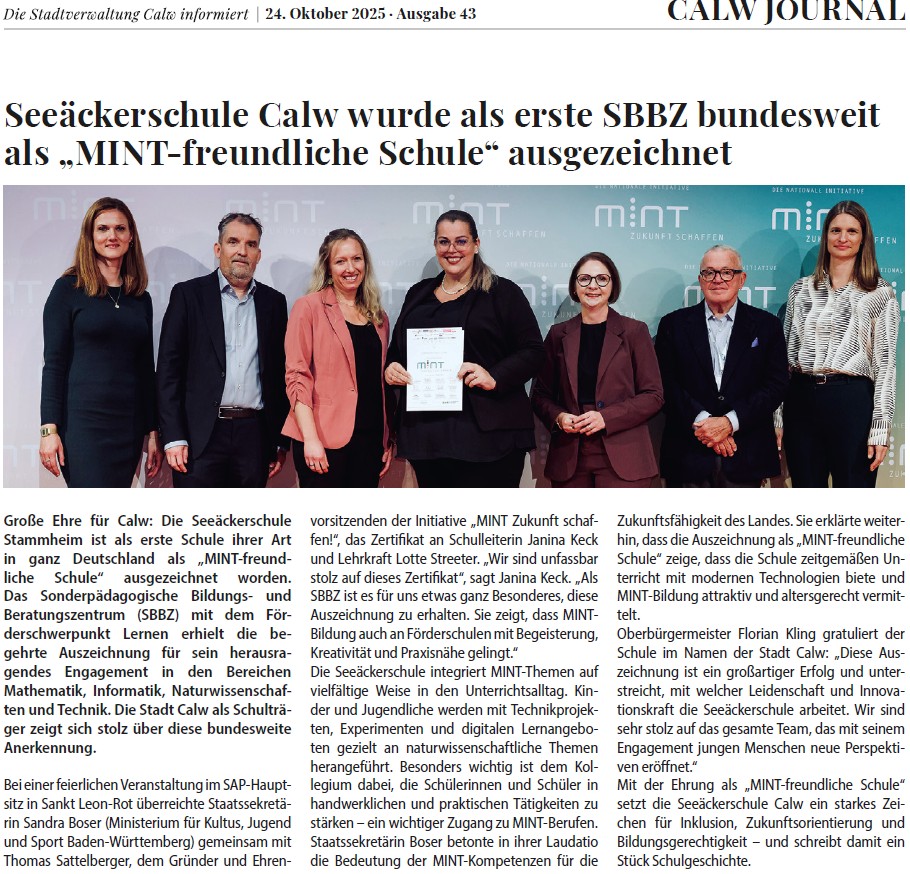 Zeitungsartikel aus dem Calw Journal darüber, dass die Seeäckerschule als erstes SBBZ bundesweit als "MINT-freundliche Schule" ausgezeichnet wurde.