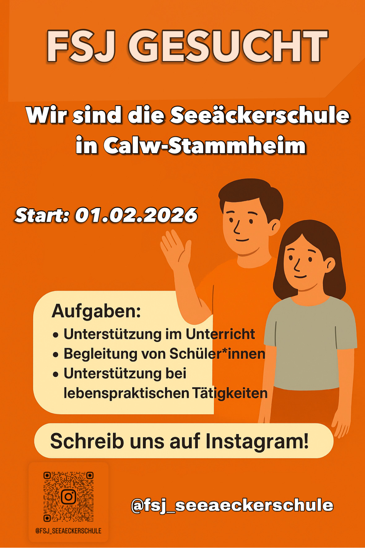 FSJ gesucht: Das SBBZ Seeäckerschule sucht zum Start am 01. Februar 2026 einen neuen FSJ-ler