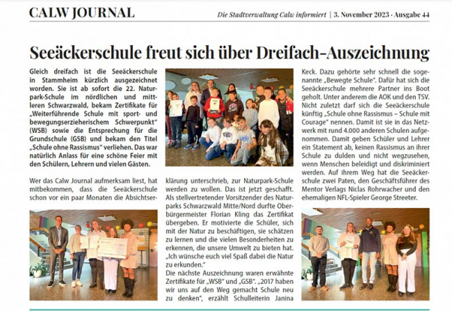 Unsere Seeäckerschule freut sich über Dreifach-Auszeichnung, Pressebericht 2023.