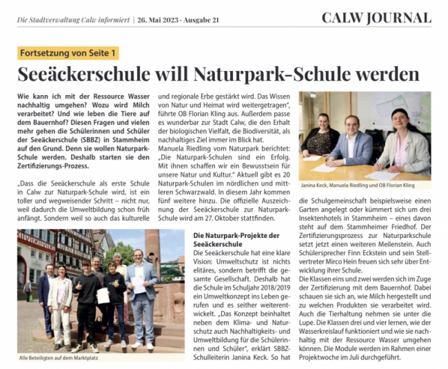Unsere Seeäckerschule wird Naturparkschule, Pressebericht Sommer 2023.